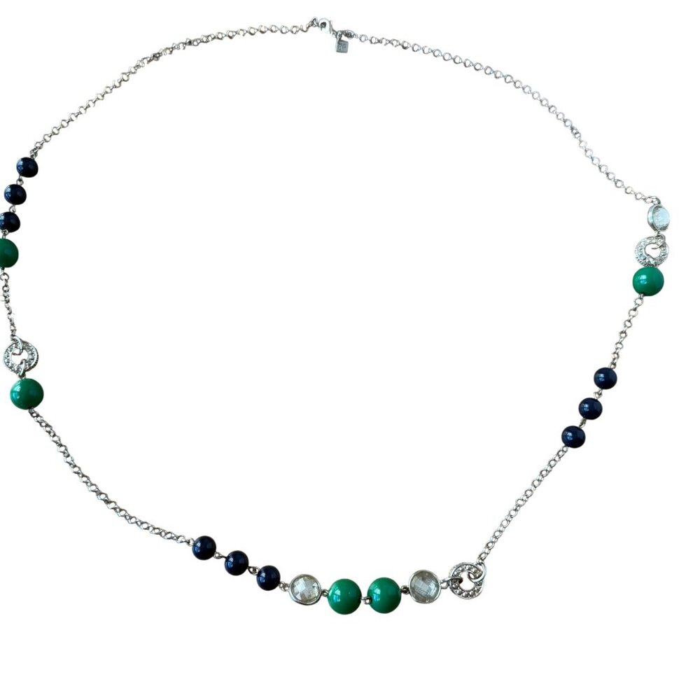 Banana Republic Silver Tone Necklace With Green & Blue Beads 38" Length